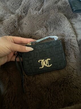 Juicy Couture Black Embossed Logo Zip Card Case with Gold Hardware